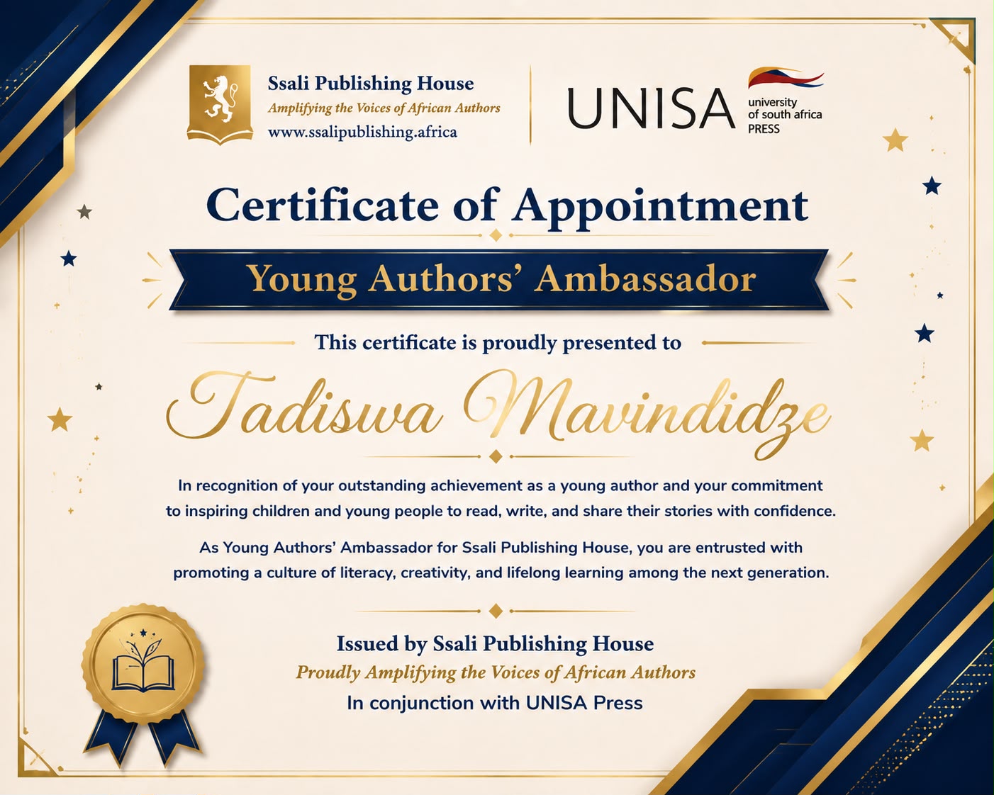 Tadiswa Mavindidze’s certificate of appointment as Young Authors’ Ambassador, issued by Ssali Publishing House in conjunction with UNISA Press